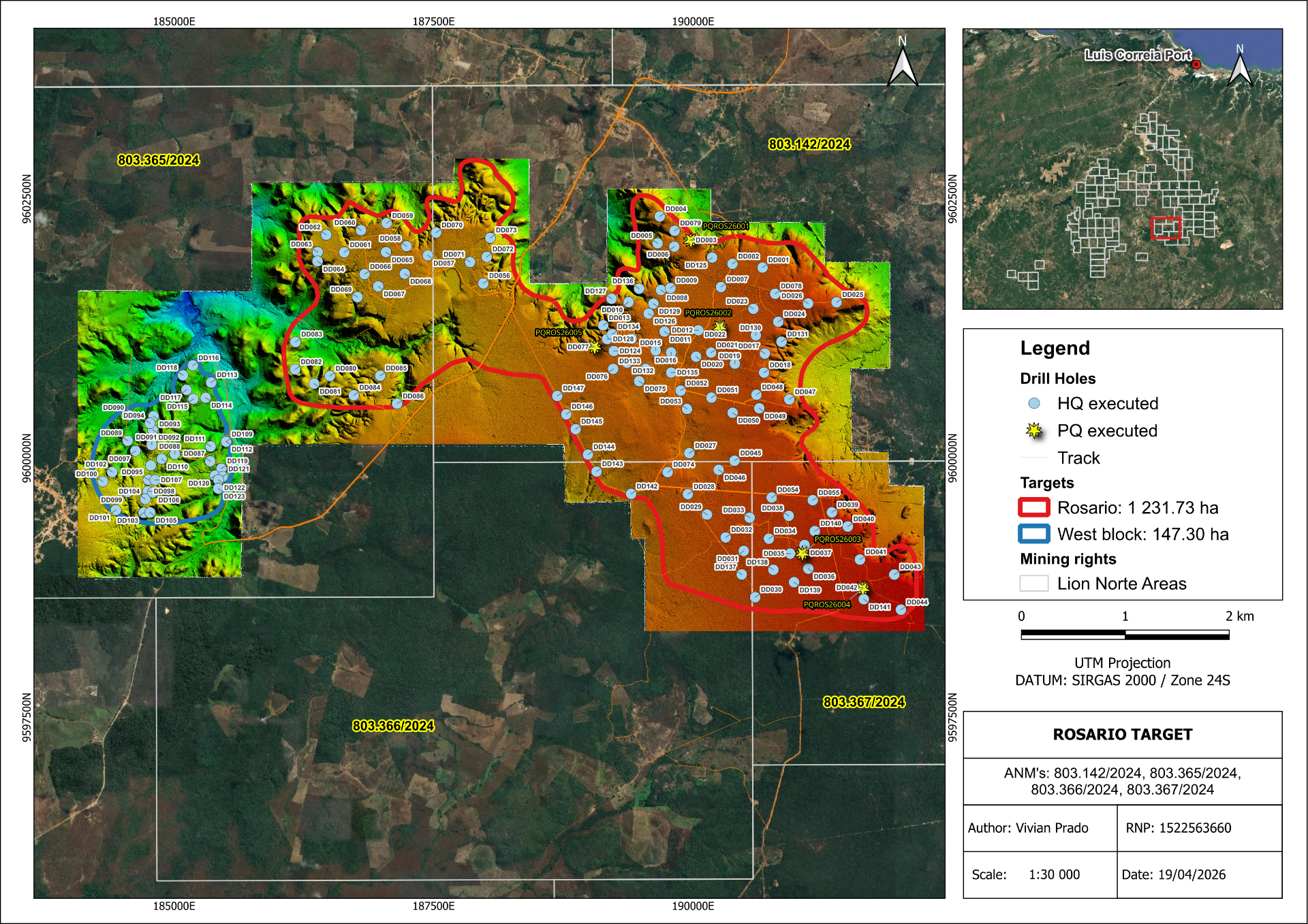 Rosário target drilling and topography map showing 140+ drill holes across the Rosário and West Block targets